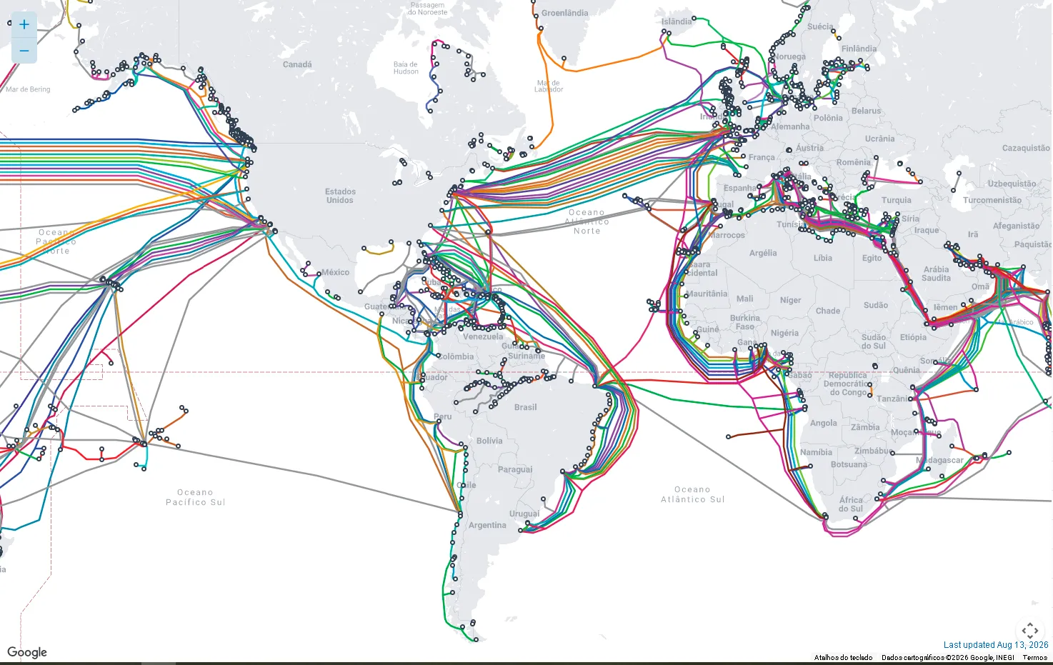 Cabos submarinos da internet pelo mundo