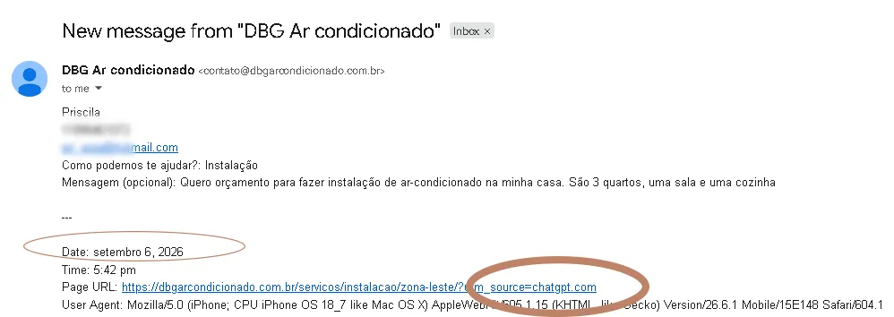 Imagem do e-mail recebido pela DBG Ar condicionado de um lead vindo atraves do Chat GPT